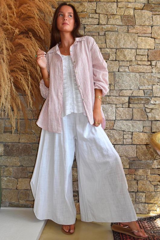 Sundaze Cheesecloth Chalk Stripe Boyfriend Shirt Rose